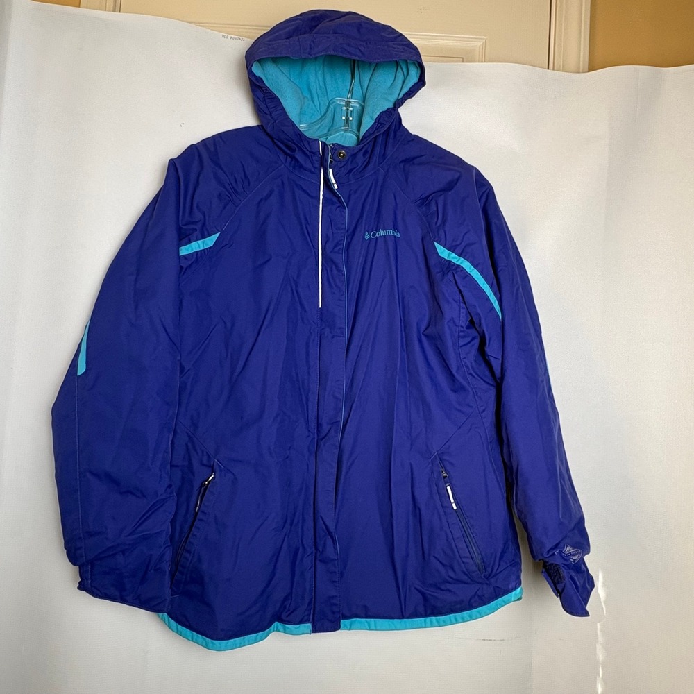 Columbia Boys Omni-Tech Ski Jacket Blue Teal Hooded Rain Coat Med Grow System - Picture 1 of 12